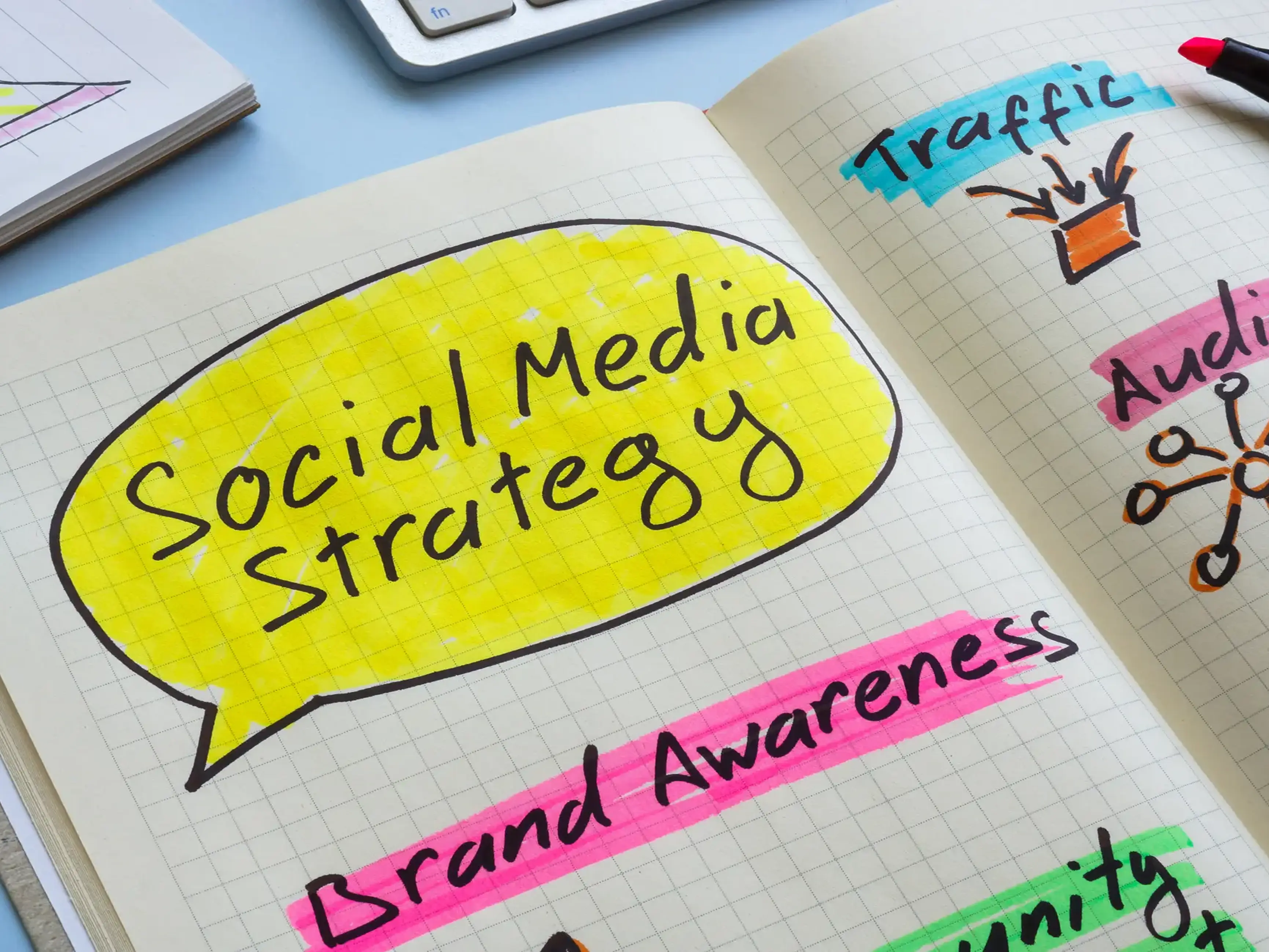 Social media strategy notes in notebook.